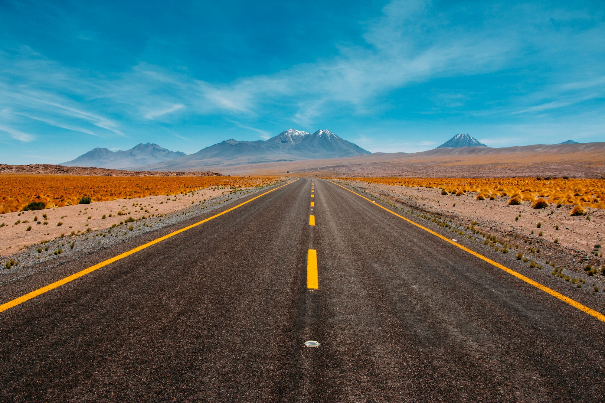 Empty highway curving toward distant mountains at first light
