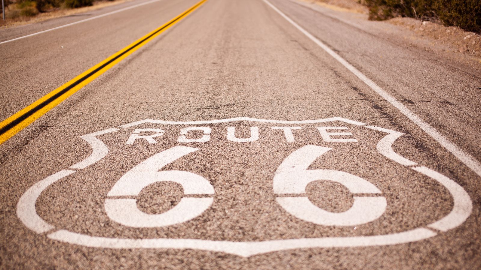 Route 66 shield painted on the asphalt of a desert highway