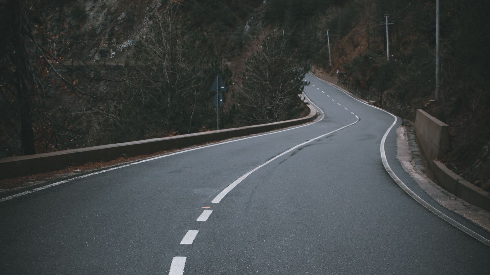 An empty road curving through a wooded hillside